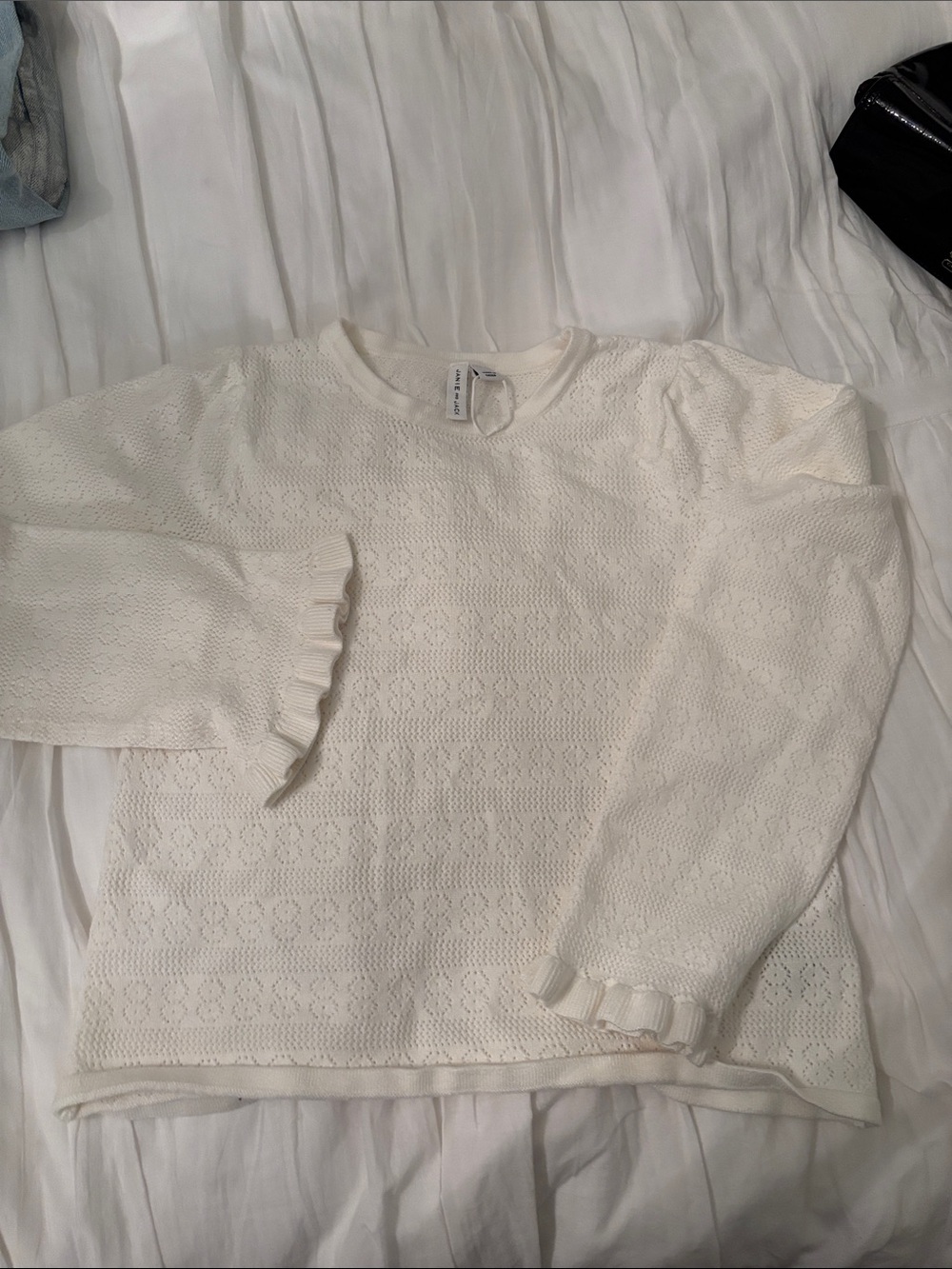 Janie and Jack Cream Eyelet Ruffle Sleeve Knit Top